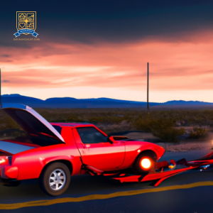 An image of a red convertible broken down on the side of a desert road, with a tow truck arriving to assist