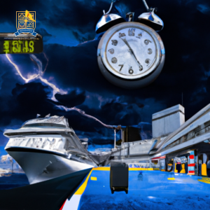 An image of a cruise ship docked at a port with a stormy sky overhead, as passengers wait on the dock with luggage