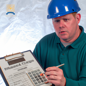 An image of a blue-collar worker wearing a hard hat and safety gear, reviewing a disability insurance policy document with a concerned expression