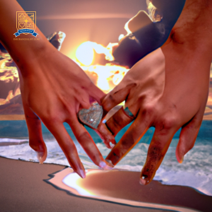 An image of a couple holding hands while walking on a beach at sunset