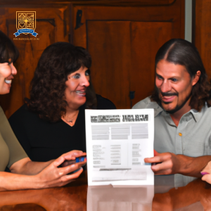 An image of a diverse family of four sitting around a kitchen table reviewing a stack of papers labeled "Affordable Health Insurance Plans