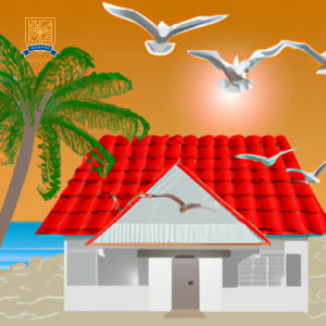 An image of a cozy coastal home with a bright red roof, surrounded by palm trees and a sandy beach