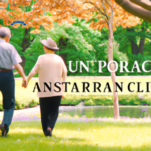 An image of a happy elderly couple holding hands while walking through a peaceful park, with a subtle overlay of a long-term care insurance policy in the background