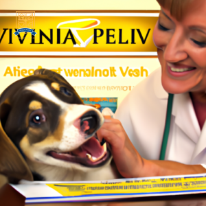 An image of a playful puppy receiving a check-up at the vet, surrounded by various pet health insurance brochures and a smiling veterinarian
