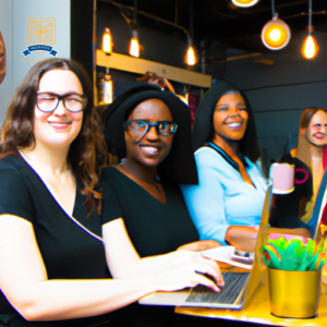 An image of a diverse group of freelancers working at a bustling coffee shop, each one with a different laptop sticker symbolizing various health insurance options