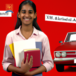 An image of a young student standing next to a shiny red car, surrounded by textbooks, notebooks, and a report card with straight A's