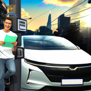 An image of a sleek electric vehicle parked at a charging station, with a smiling owner holding their car insurance policy