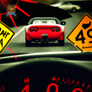 An image of a red sports car speeding down a winding road with a cracked windshield and a dent on the side, surrounded by caution signs and flashing lights