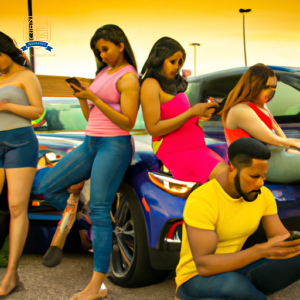 An image showcasing a diverse group of new drivers excitedly comparing quotes on their smartphones while sitting in a parking lot filled with colorful, budget-friendly cars
