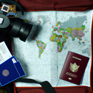 An image of a passport with a plane ticket sticking out, surrounded by a map, camera, and backpack