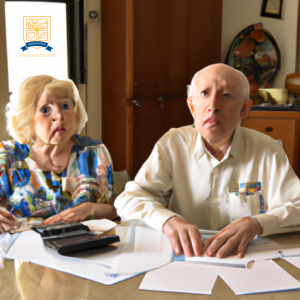 An image of an elderly couple sitting at a kitchen table, surrounded by paperwork and calculators