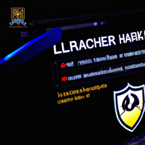 An image of a computer screen displaying a hacker attempting to breach a website, while a shield emblem of a cyber liability insurance provider protects the site