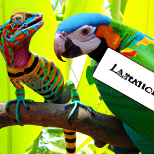 An image of a colorful macaw sitting on a perch next to a vibrant chameleon on a branch, both wearing tiny insurance tags around their necks