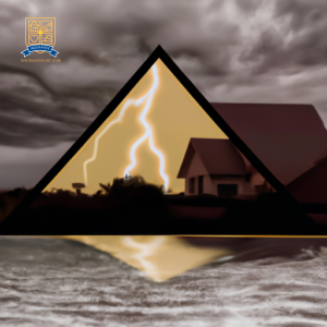 An image of a cozy house surrounded by storm clouds, lightning, and flooding waters