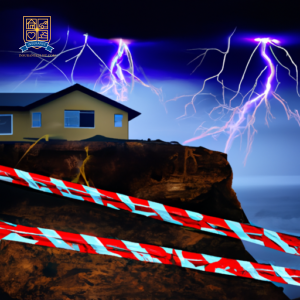 An image of a house on a cliff overlooking the ocean during a storm, with lightning striking nearby
