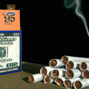 An image of a pack of cigarettes with a price tag, surrounded by a stack of money representing high insurance rates