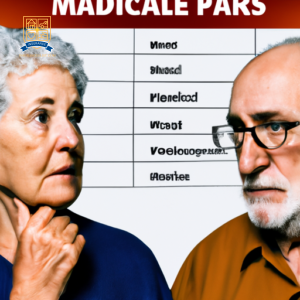An image showing two elderly individuals comparing charts and graphs of different Medicare Advantage plans