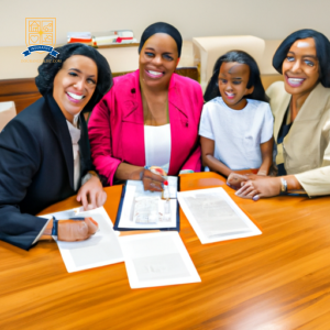 An image of a diverse group of individuals happily signing paperwork in a modern office setting