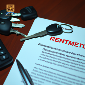 An image of a person handing over keys to a rental car at a counter, with a rental agreement form on the desk