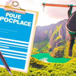 An image of a person bungee jumping, surrounded by a mountain landscape with a backpack and helmet nearby
