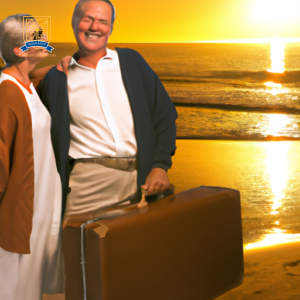 An image of a senior couple standing on a beach, smiling, with suitcases nearby