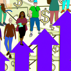 An image of a diverse group of people of different ages and backgrounds, smiling and enjoying life, surrounded by symbols of financial security and growth, such as dollar signs and upward arrows